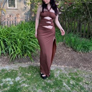MESHKI multi cut out Nikki dress in chocolate